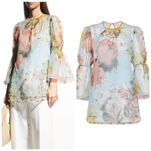 Lela Rose FLORAL ORGANZA PUFF SLEEVE TOP